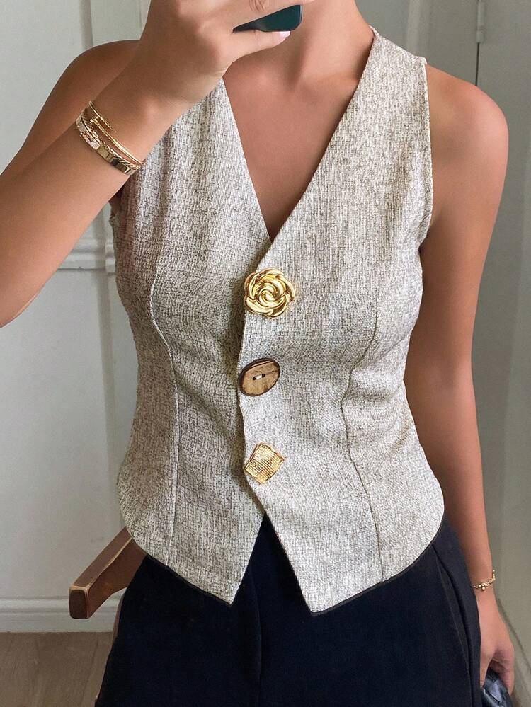 Women's Metal Flower Decor V-Neck Vest Jacket