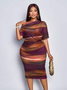 SOLERSUN 大码女装派对情人节舞会法国白色波点图案露肩短袖针织包臀老款跨年性感休闲女中长连衣裙超长款淑女浪漫情人节约会春夏新款优雅通勤商务狂欢/嘉年华 - 紫色 - 查看 4