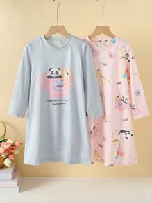 女童休闲熊猫与树懒印花圆领长袖长睡袍、家居服 - 彩色 - 查看 9