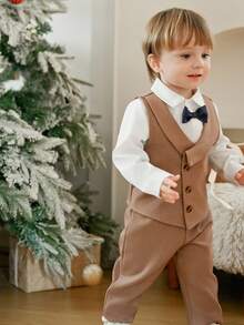 SHEIN 3pcs Baby Boys Gentleman Style Outfit,White Shirt,Khaki Vest & Pants,Formal,Summer,Birthday,Brown And White Polka Dot,Wedding Suit,Infant Formal Wear - Khaki - View 3