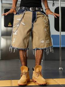 Manfinity EMRG 大码男式美式街头风格撞色做旧磨边水洗牛仔短裤 - 卡其色 - 查看 3