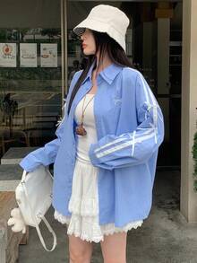 DAZY Women's Contrast Color Ribbon Bow Print Loose Casual Blouse Fall Tops Long Sleeve Top - Blue - View 6