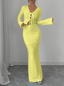 Selianne 2pcs Set: Textured Solid Color Long Sleeve Top And Skirt Fall Cloth For Women - Light Yellow - View 4