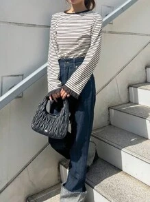 FRIFUL 女士休闲日常条纹喇叭袖T恤条纹长袖上衣条纹上衣女士条纹上衣长袖条纹上衣荷叶边袖口条纹上衣