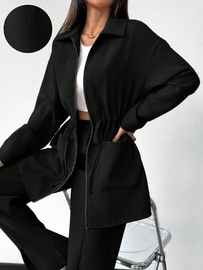 Solavon 2 件套女士纯色前拉链口袋长袖上衣和裤子休闲装 2 件套