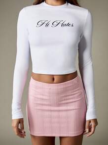 MISSGUIDED Áo thun crop top tay dài in chữ Hi Hater Bye Hater cổ bẻ màu trắng, ôm sát, thời trang, chất liệu cotton cơ bản, thiết kế tối giản, chữ cái - trắng - Xem 4