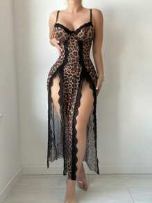 2pcs/Set Mature Sexy Wire Bra Leopard Split Dress + G-String Lingerie For Going Out ClassicAnimalPrint