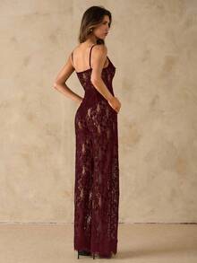 SHEIN BAE Bộ đồ liền thân ren mỏng không tay, màu đen, gợi cảm, thanh lịch, thích hợp mặc hàng ngày, hẹn hò, đi chơi, tiệc tùng, trang phục đi chơi, bộ đồ liền thân ống bất đối xứng, bộ đồ liền thân ống rộng, bộ đồ liền thân ngày lễ tình nhân, bộ đồ liền thân hàng ngày, bộ đồ liền thân duyên dáng - Màu Đỏ Sâu - Xem 2