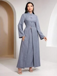 Veilorie 女士纯色纽扣设计长袖长款上衣和中长裙优雅两件套 - 藍色 - 查看 2