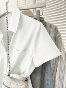 INAWLY Áo cánh tay ngắn màu trơn thường ngày mùa hè dành cho nữ - trắng - Xem 8