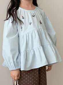 Dazy Kids 小女孩可爱刺绣长袖衬衫 - 藍色 - 查看 4