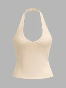 SHEIN BASICS 女式休闲纯色针织露背上衣 - 杏色 - 查看 5