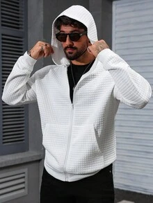 Manfinity Homme 男士运动衫 运动衫，成熟街头风格纹理面料 白色拉链连帽衫 男士白色绗缝夹克 白色连帽夹克 男士纹理拉链夹克 男士白色休闲夹克 - 白色 - 查看 5