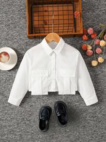 Young Girl Solid Color Woven Crop Shirt With Dual Pockets, Casual,Great For Casual & Daily Wear & School Daily - Apricot - View 2