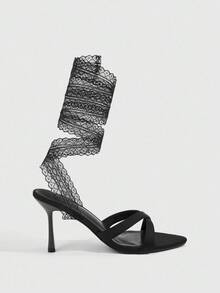 CUCCOO SZL Zapatos de mujer de tacón alto con punta afilada y cordones de satén negro de 8 cm - Negro - Ver 10