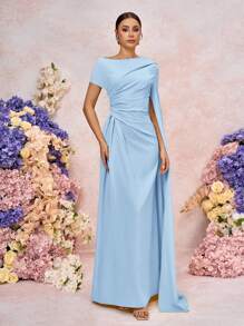 SHEIN Belle Váy dài tay bèo nhún tay lệch thanh lịch, thích hợp cho đám cưới, sự kiện trang trọng, hẹn hò, phù dâu - Màu xanh lam - Xem 2