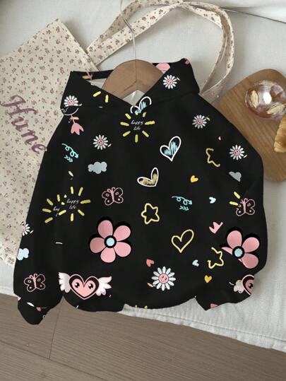 SHEIN 可爱落肩套头衫，长袖，常规下摆，适合儿童穿着；黑色卫衣，适合女孩穿着；黑色卫衣，适合儿童穿着；黑色卫衣，适合年轻女孩穿着；秋冬季卫衣。