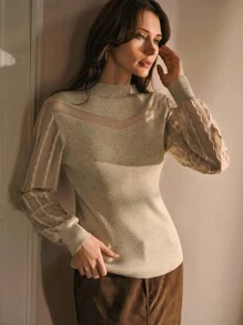 MOTF PREMIUM 对比色网眼修身毛衣 - 卡其色 - 查看 5