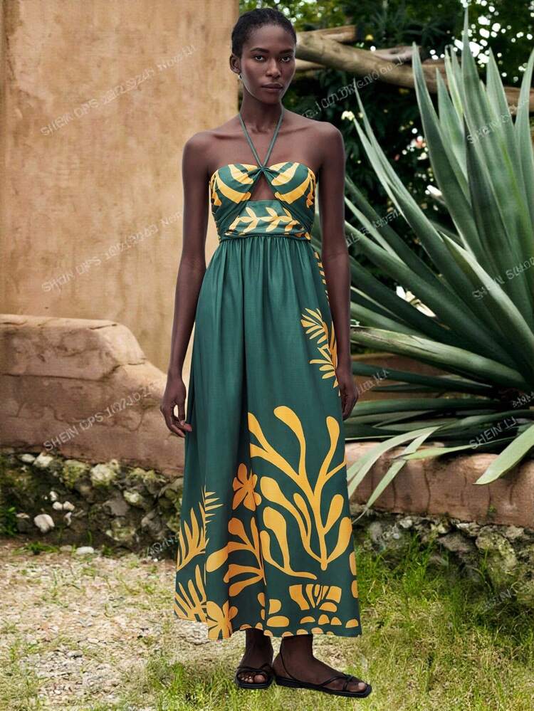 SHEIN Maija Vestido Tropical Feminino com Recorte, Franzido e Costas Abertas, Roupas de Estilo de Férias/Férias, Roupas de Verão Femininas, Vestidos Femininos, Vestido Casual Feminino, Roupas Femininas, Vestido Tropical, Vestido Longo de Verão, Vestido Longo de Verão com Decote Halter, Vestido de Verão, Vestido de Férias, Vestido Fluido Feminino, Vestidos de Verão para Férias, Roupas Boho Femininas, Vestido Longo para Sair, Roupas Boêmias Femininas, Vestido Fluido com Ombros à Mostra