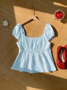 Comfortcana Textured Jacquard Ruched T-Shirt, Minimalist Fashion Casual For Everyday Wear - Blue - View 1