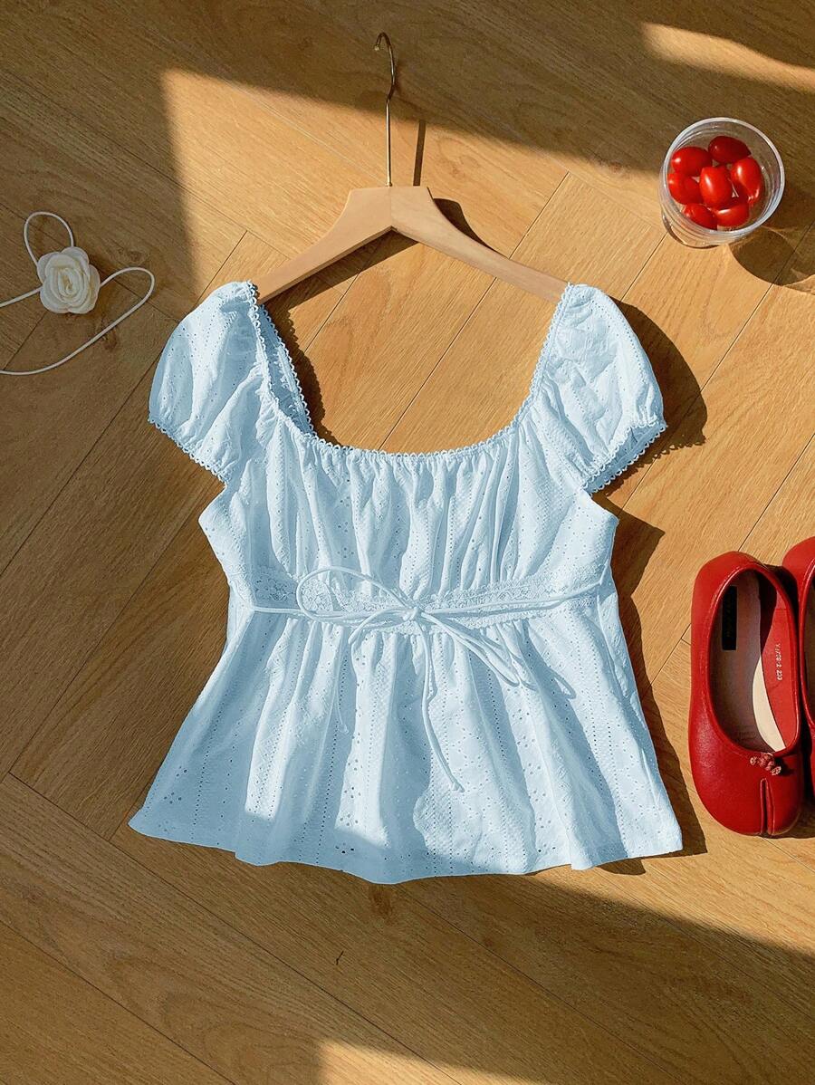 Comfortcana Textured Jacquard Ruched T-Shirt, Minimalist Fashion Casual For Everyday Wear - Blue - View 1