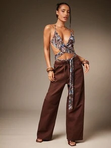 Hauture 女士性感蓝棕色印花迷彩超长腰带石链装饰外出上衣 - 彩色 - 查看 3