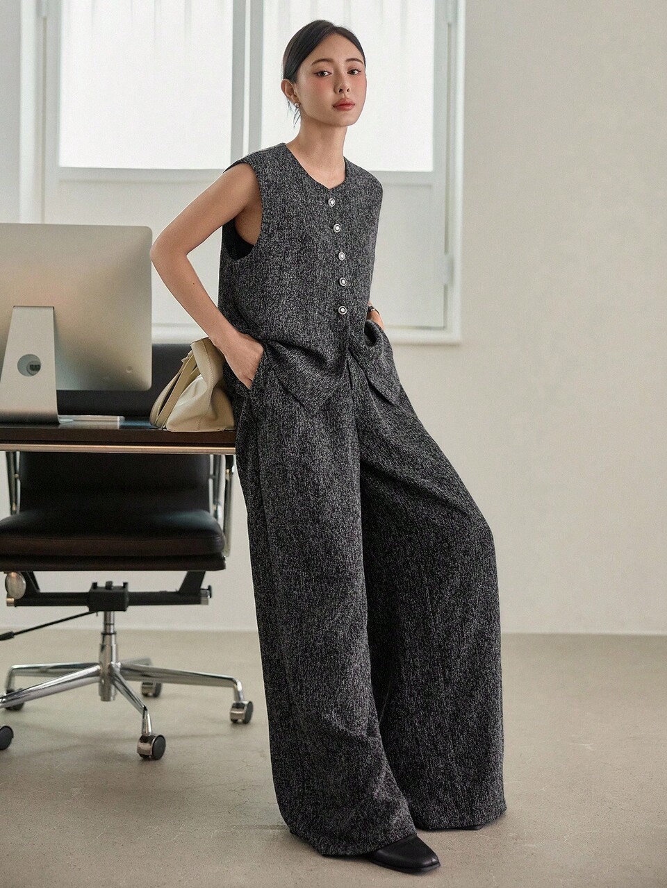 Women's Elegant Dark Grey Business Suit,Loose Fit Vest Cardigan Top And Straight Leg Pants 2 Pieces Set,Summer Office Commuting Lounge Sets