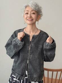 FRIFUL 女式落肩长袖拉链休闲牛仔夹克牛仔夹克短款夹克黑色牛仔夹克加大码牛仔夹克秋冬 - 黑色 - 查看 2