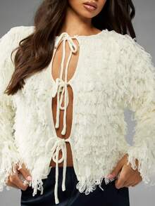 MISSGUIDED 毛茸茸的毛圈针织开衫秋冬超大毛衣，带流苏细节长袖前开式时尚针织衫 - 白色 - 查看 4