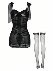 SHEIN 4pcs Set: Romantic Mesh Ruched Sexy Slim Nightgown + G-String + 1 Pair Of Stockings For Going Out, Baddie Look - Black - View 5
