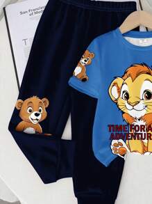 SHEIN Baby Boys' Casual Cartoon Lion Print Round Neck Short Sleeve Top And Pants Set