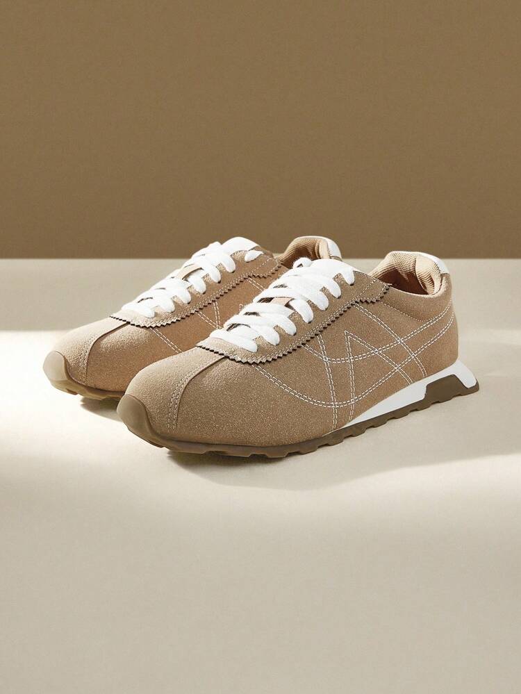 CUCCOO EASI レースアップ ラウンドトゥ フラット カジュアルスニーカー、フェイクスエード スポーティカジュアルシューズ デイリー室内外兼用、ブラウン