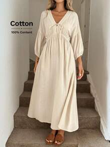 SHEIN LUNE V 领蝴蝶结灯笼袖褶腰 A 字形喇叭下摆双层绉布 100% 纯棉休闲宽松通勤复古风格女式长裙 - 杏色 - 查看 7