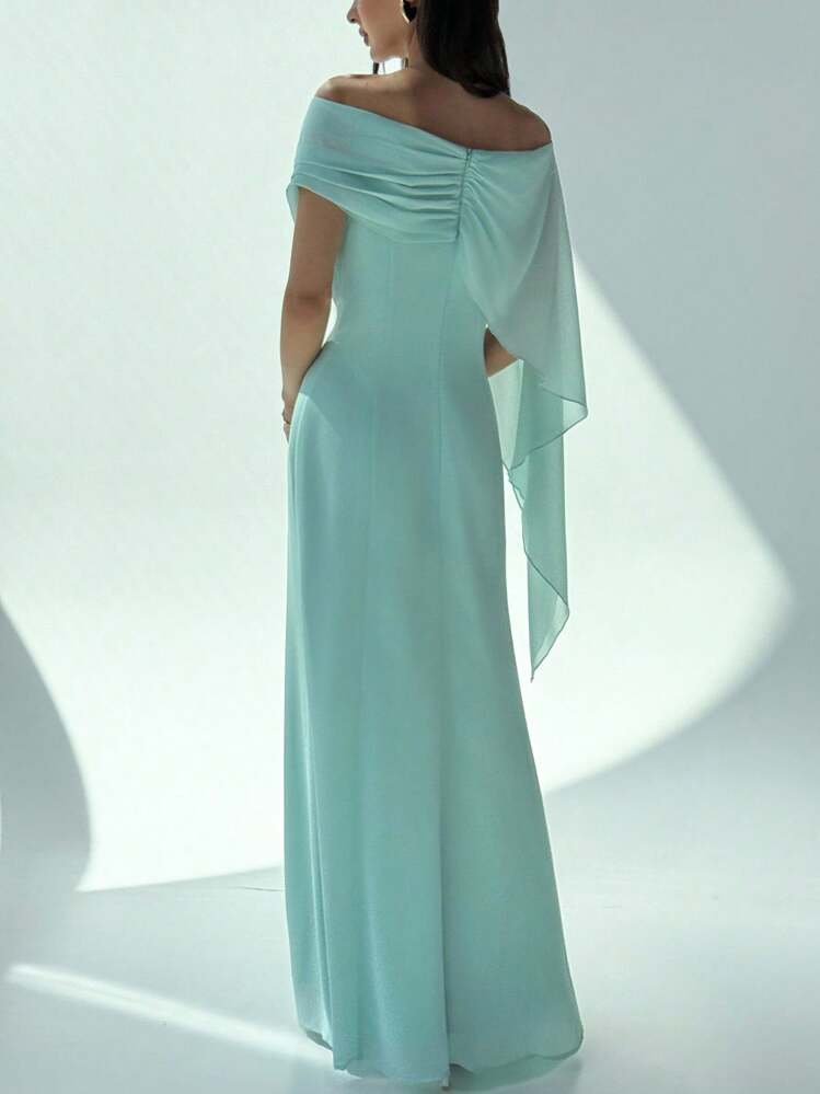 Aloruh New Off Shoulder Boat Neck Asymmetric Ruffle Fitted Dress, Elegant Birthday Party Cocktail Dress, Long Maxi Green Mermaid Hem Gown,Fall Dresses For Women,Prom Dress,Fall Wedding Guest Dress - Green - View 2