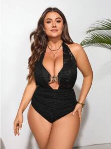 Swim SXY Plus Size Women 2pcs Solid Color Halter Mesh Sheer Backless Bikini Swimsuit For Summer Beach Vacation - Black - View 5