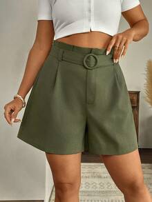 SHEIN LUNE Plus Size Women's Casual Linen-Like Elastic Waist Mid-Rise Shorts With Belt Loops And Pockets, Olive Green, Suitable For Work, Office, Vacation - Army Green - View 4