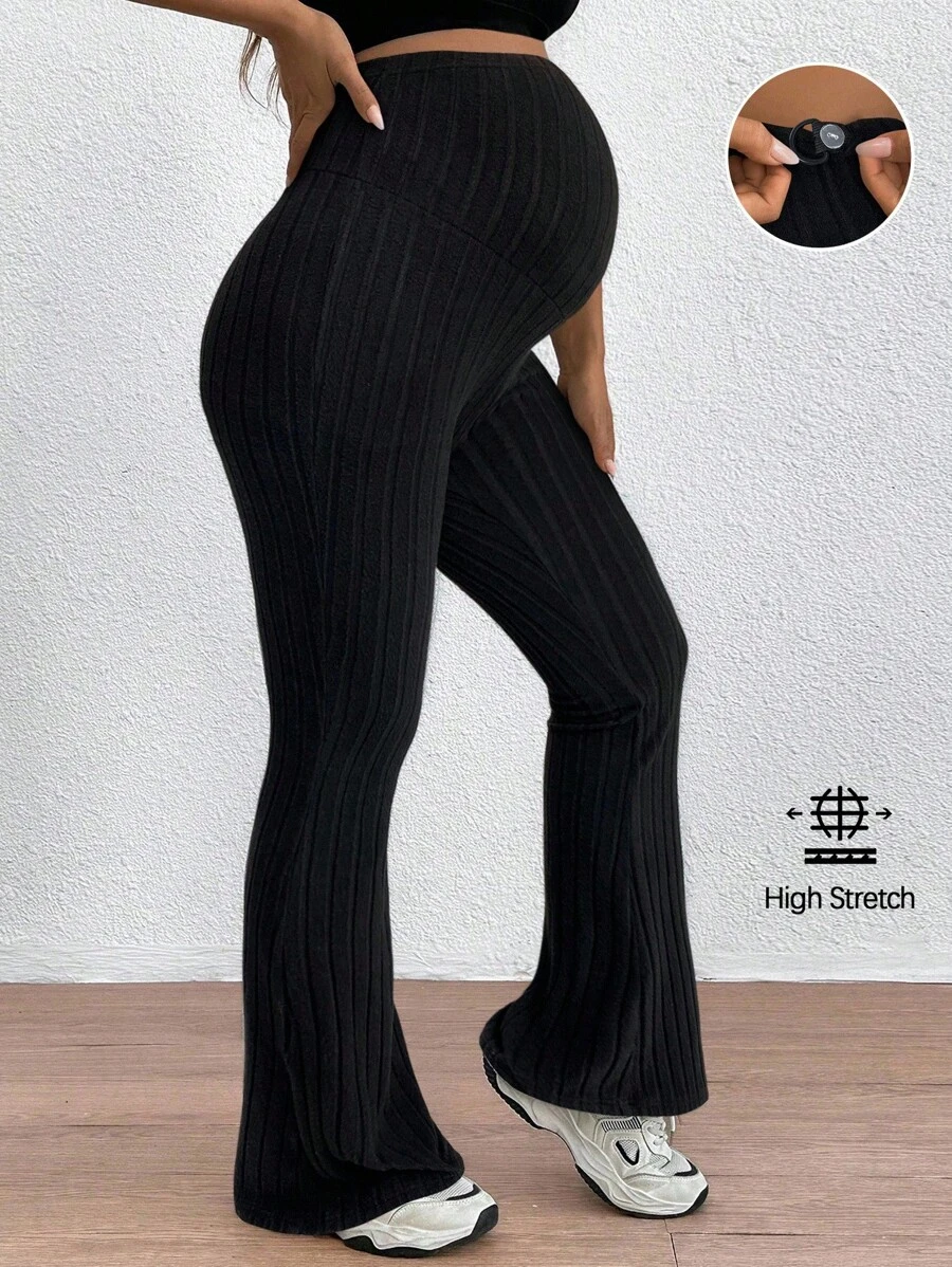 SHEIN 孕妇可调节腰部紧身喇叭裤超高腰长裤 - 黑色 - 查看 1