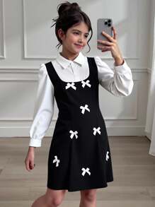 Tween Girls Elegant Urban Commute French School Girl Style Black & White Patchwork 2 In 1 Shirt Collar Puff Sleeve Long Sleeve Bow Decor Waist Cinched Dress