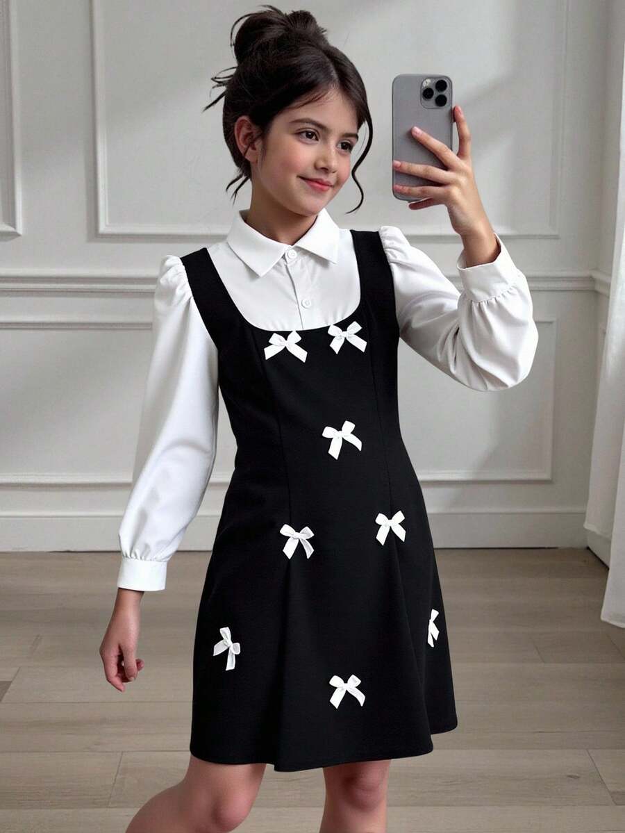 Tween Girls Elegant Urban Commute French School Girl Style Black & White Patchwork 2 In 1 Shirt Collar Puff Sleeve Long Sleeve Bow Decor Waist Cinched Dress