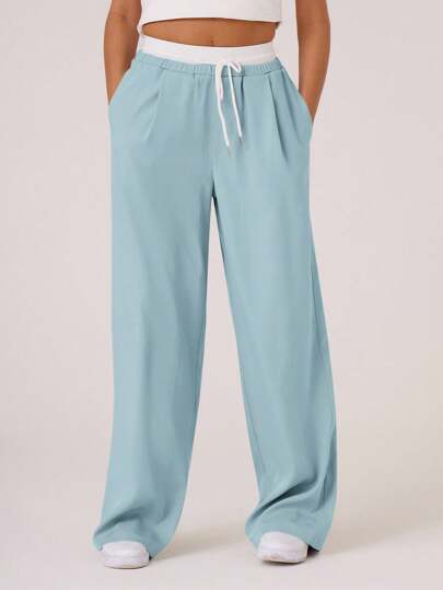 MUSERA Woven Contrast Waistband Tailored Trousers Summer Y2k Cute 90's Casual Capsule Vacation Holiday Fall, Autumn, Winter, Back To School Fall Autumn Winter Christmas Thanksgiving