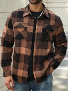 Manfinity Homme Camicia casual a maniche lunghe con motivo a quadri, taglia oversize, per uomo. Camicia in flanella da esterno, stile western, camicie a quadri da uomo, camicia in flanella marrone per uomo