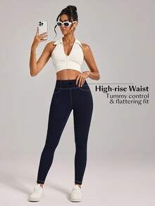 SHEIN Tall Women's High Waist Skinny Casual Versatile Jeans High Waisted Leggings - Dark Wash - View 7