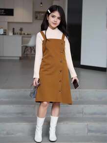 女童休闲圆领罗纹长袖仿层连衣裙，秋季