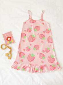 年轻女孩草莓印花吊带睡衣 - 粉色 - 查看 2