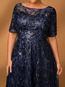 Serin 优雅浪漫奢华串珠刺绣圆领七分袖A字中长连衣裙，适合晚宴、约会、舞会、度假、音乐节、婚礼等场合，也适合大码新娘和母亲，情人节亦可穿着。 - 藏蓝色 - 查看 1