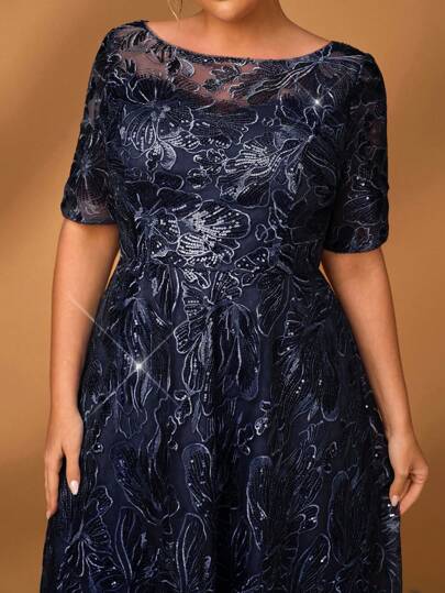 Serin Elegant Romantic Luxurious Beaded Embroidered Round Neck 3/4 Sleeve A-Line Midi Dress, Suitable For Evening Party, Date, Prom, Vacation, Music Festival, Wedding, Suitable For Plus Size Bride & Mother, Valentine's Day