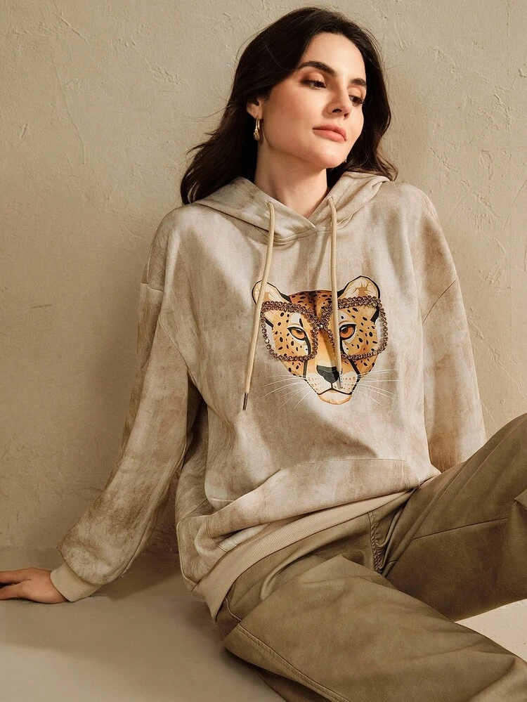 Moletom com Capuz Estampado de Leopardo, Decorado com Strass, de Manga Longa e Cordão, Estilo Moda Europeia e Americana para Mulheres