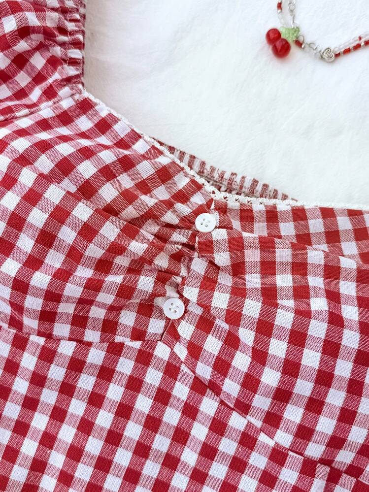 Tween Girl Casual Minimalist Comfortable Plaid Back Strap Shirt - Red and White - View 5