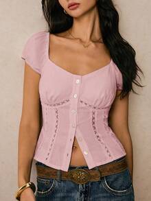 Poéselle Women's Sweetheart Collar Single-Breasted Raglan Sleeve Fashion Blouse - Pink - View 7