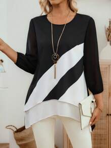 EMERY ROSE 休闲通勤拼色不对称下摆衬衫 - 黑與白 - 查看 7